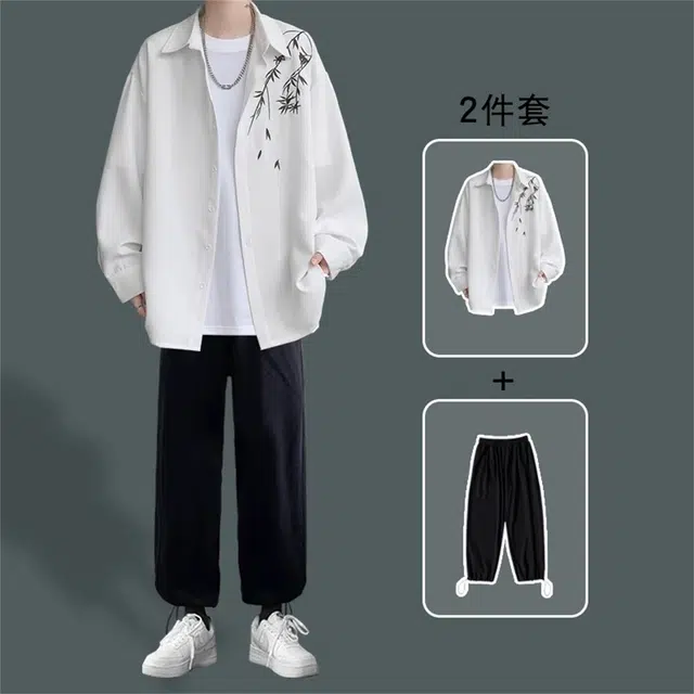 邦固依品 春秋季长袖男生休闲一套搭配潮流痞帅气衬衣外套三件套衬衫套装 男款