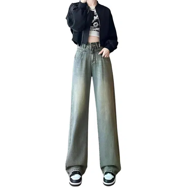 邦固依品 复古蓝阔腿女秋装美式高腰怀旧宽松直筒垂感窄版拖地裤牛仔裤 女款