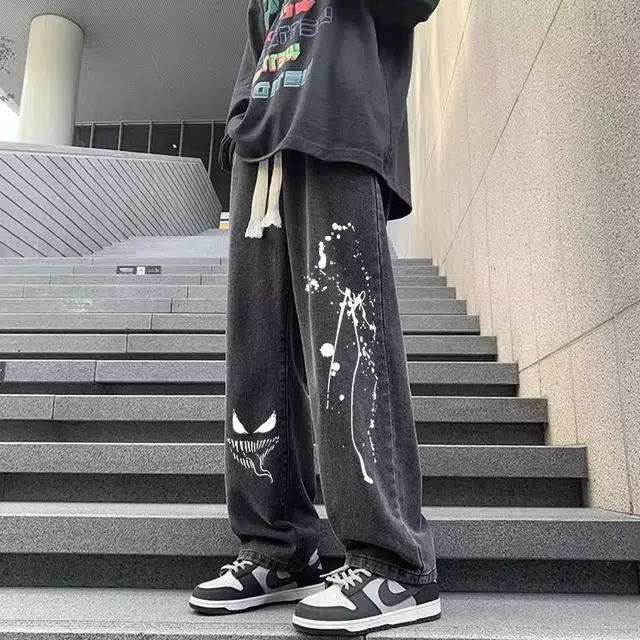 邦固依品 美式印花春季宽松大码筒裤潮流高街休闲潮男裤子春秋款牛仔裤 男款