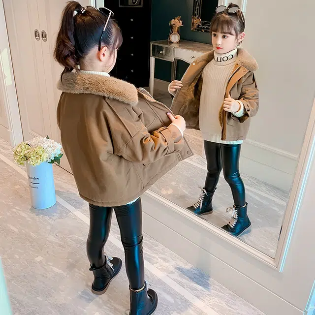 米囹 派克服 女童舒适百搭加绒外套秋冬中大童短款加厚棉衣冬季洋气工装夹克上衣休闲保暖棉服翻领棉袄 儿童款