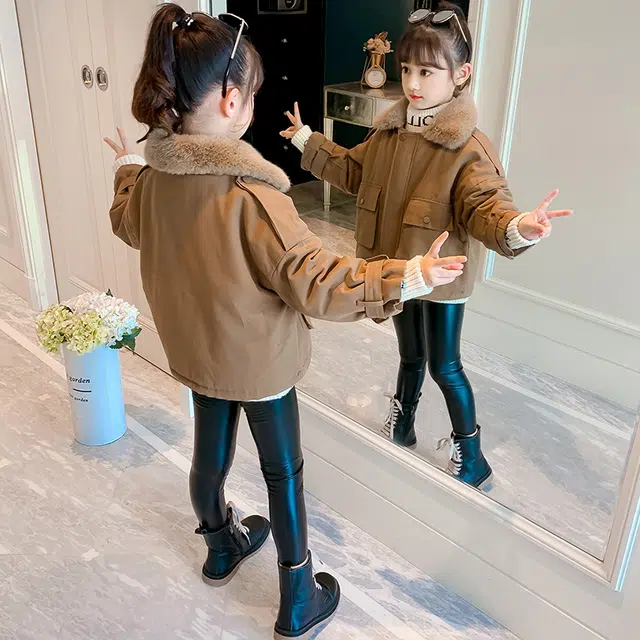 米囹 派克服 女童舒适百搭加绒外套秋冬中大童短款加厚棉衣冬季洋气工装夹克上衣休闲保暖棉服翻领棉袄 儿童款