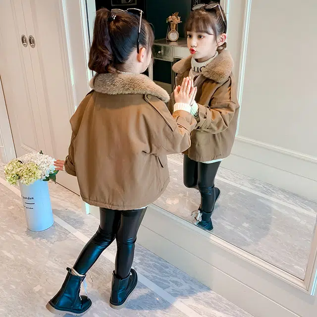 米囹 派克服 女童舒适百搭加绒外套秋冬中大童短款加厚棉衣冬季洋气工装夹克上衣休闲保暖棉服翻领棉袄 儿童款