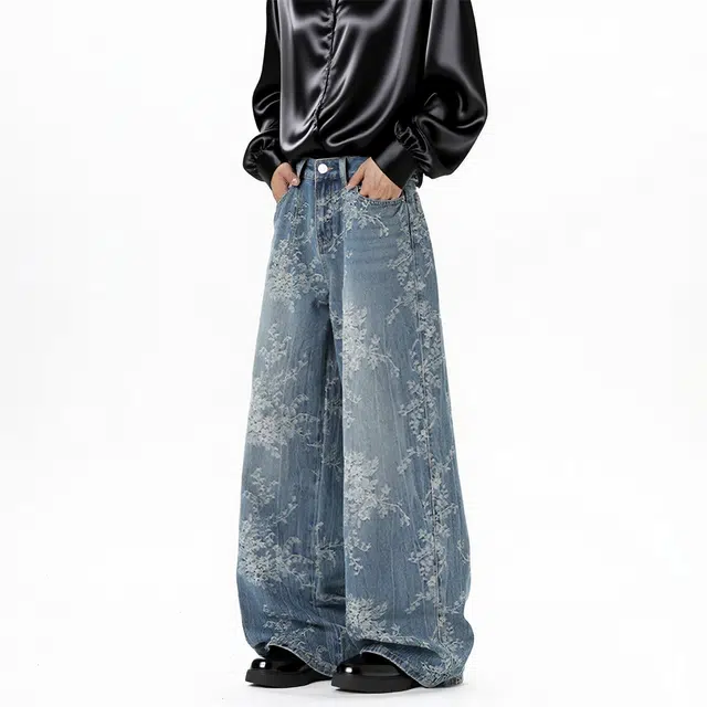 么宁 美式设计感提花图案复古水洗百搭青少年牛仔裤 男款