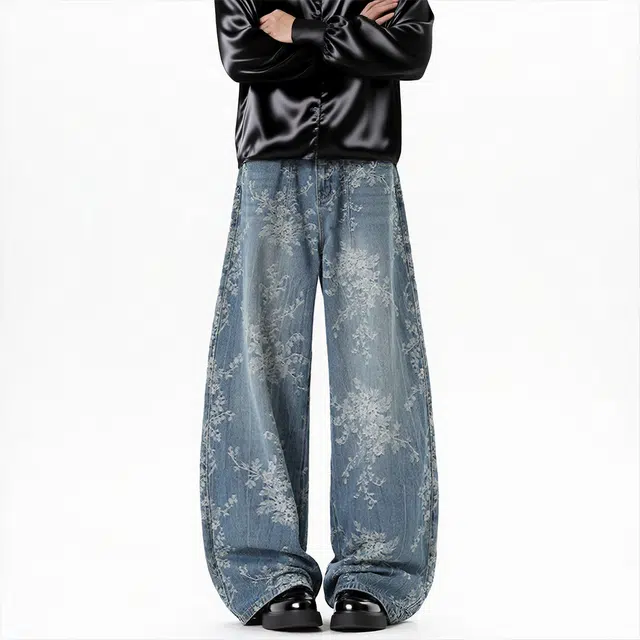 么宁 美式设计感提花图案复古水洗百搭青少年牛仔裤 男款