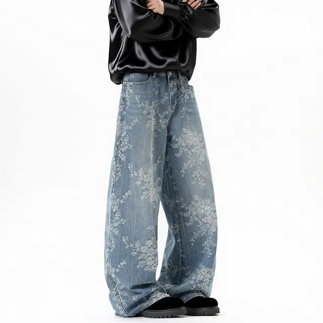 么宁 美式设计感提花图案复古水洗百搭青少年牛仔裤 男款