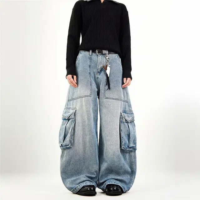 么宁 宽松百搭日系大口袋设计感直筒休闲青少年潮牌牛仔裤 男款