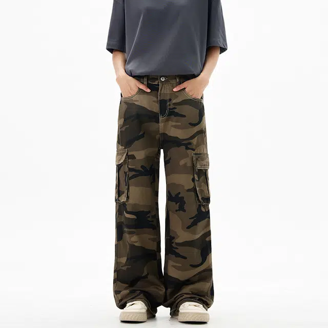 么宁 美式宽松街头迷彩水洗直筒百搭高街休闲裤 男款