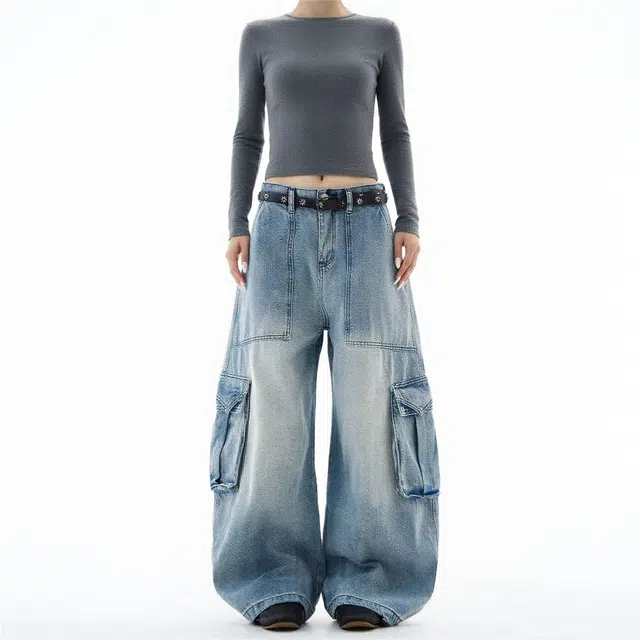 么宁 宽松百搭日系大口袋设计感直筒休闲青少年潮牌牛仔裤 男款