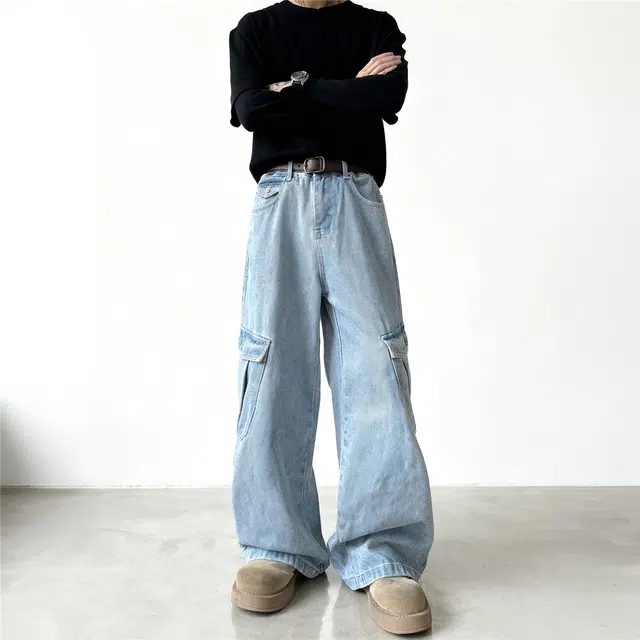 么宁 户外大口袋工装百搭复古美式水洗做旧青少年休闲牛仔裤 男款