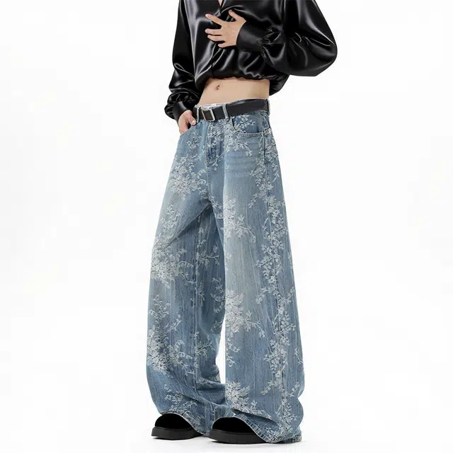 么宁 美式设计感提花图案复古水洗百搭青少年牛仔裤 男款