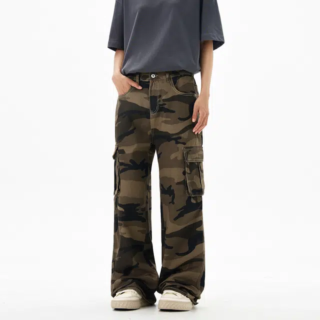 么宁 美式宽松街头迷彩水洗直筒百搭高街休闲裤 男款