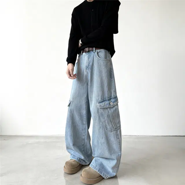 么宁 户外大口袋工装百搭复古美式水洗做旧青少年休闲牛仔裤 男款