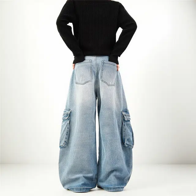 么宁 宽松百搭日系大口袋设计感直筒休闲青少年潮牌牛仔裤 男款