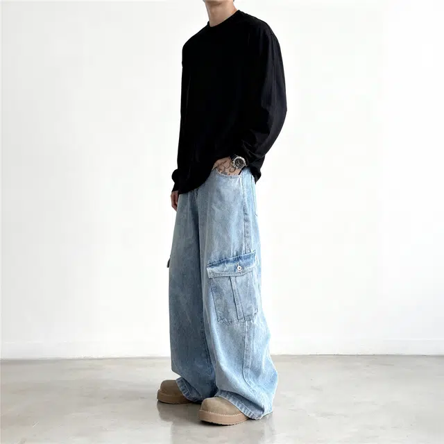 么宁 户外大口袋工装百搭复古美式水洗做旧青少年休闲牛仔裤 男款