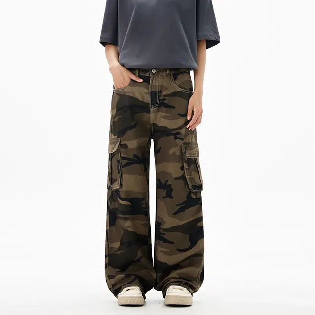 么宁 美式宽松街头迷彩水洗直筒百搭高街休闲裤 男款