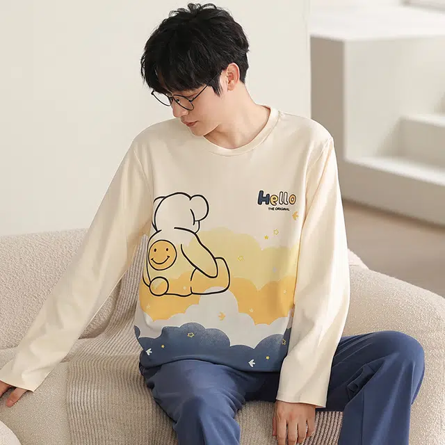 帕兰朵 男士长袖纯棉春秋季薄款秋冬款大码青少年家居服透气睡衣套装 男款