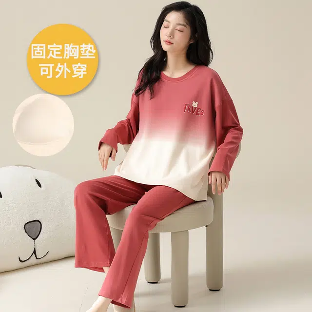 帕兰朵 女春秋款带胸垫一体防走光女士甜美卡通秋冬可外穿家居服睡衣套装 女款