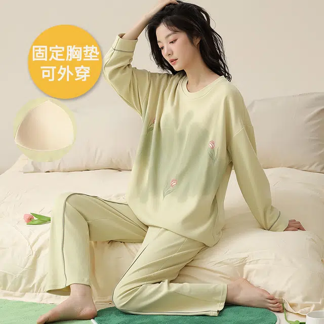 帕兰朵 春秋款带胸垫一体防走光女士甜美卡通秋冬可外穿女家居服睡衣套装 女款