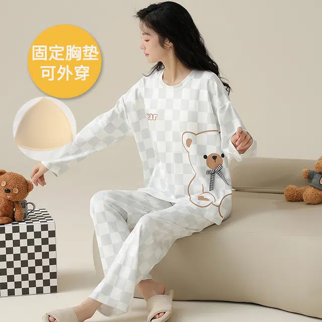 帕兰朵 带胸垫女春秋季圆领长袖纯棉女士可外穿家居服柔软舒适睡衣套装 女款