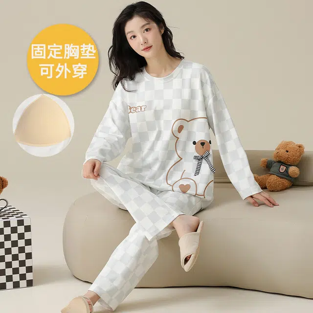 帕兰朵 带胸垫女春秋季圆领长袖纯棉女士可外穿家居服柔软舒适睡衣套装 女款
