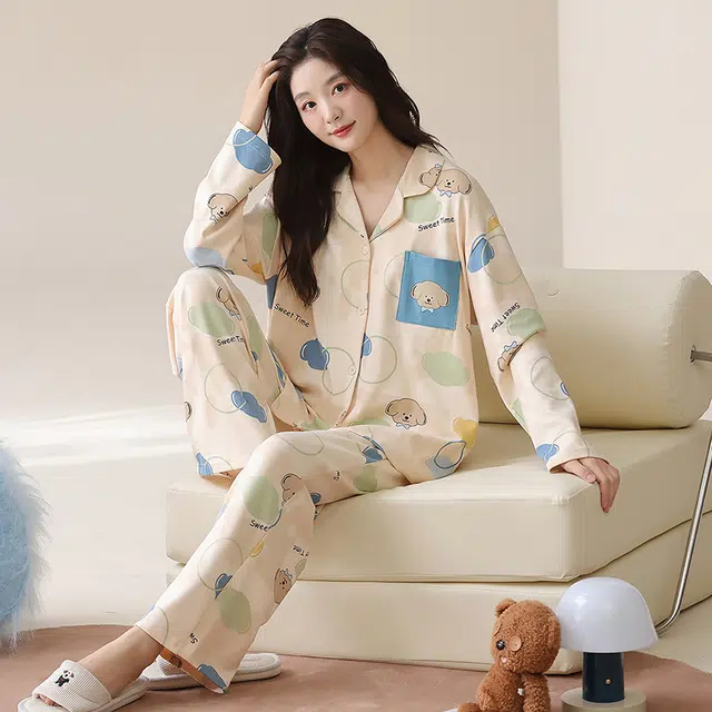 帕兰朵 纯棉春秋长袖长裤休闲开衫简约甜美家居服薄款可外穿女士睡衣套装 女款