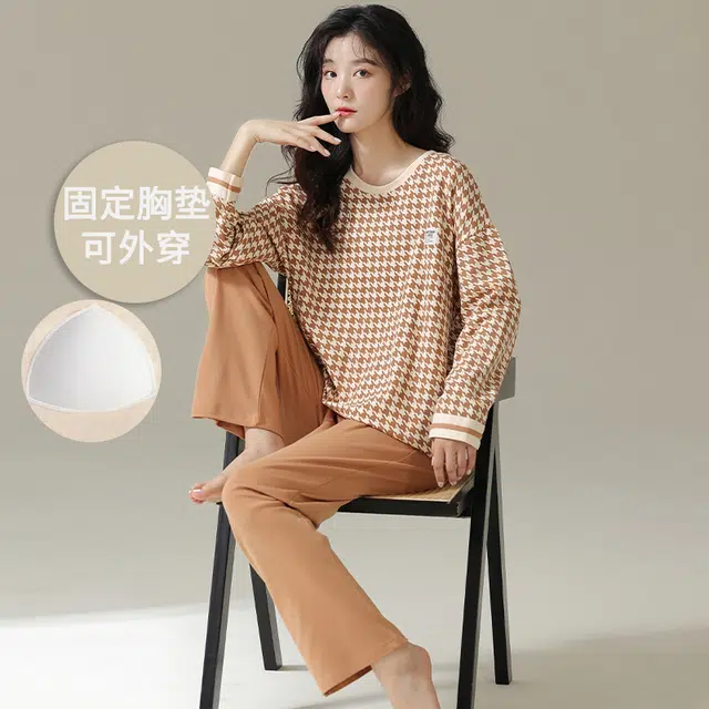 帕兰朵 春秋款带胸垫一体防走光女士甜美卡通秋冬可外穿家居服睡衣套装 女款