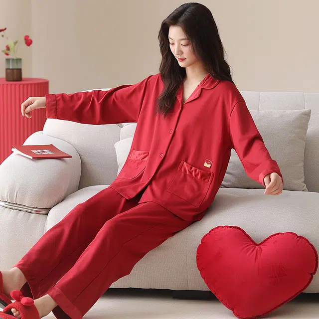 帕兰朵 春秋季纯棉长袖开衫大红色本命年结婚大码家居服可外穿女士睡衣套装 女款