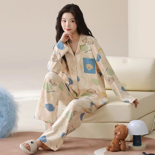 帕兰朵 纯棉春秋长袖长裤休闲开衫简约甜美家居服薄款可外穿女士睡衣套装 女款