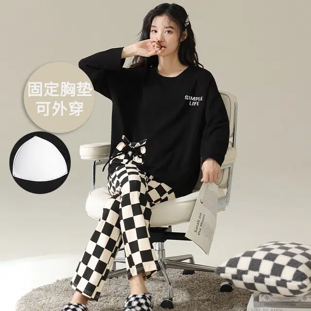 帕兰朵 纯棉春秋季带胸垫一体长袖格子长裤休闲可外穿家居服舒适睡衣套装 女款