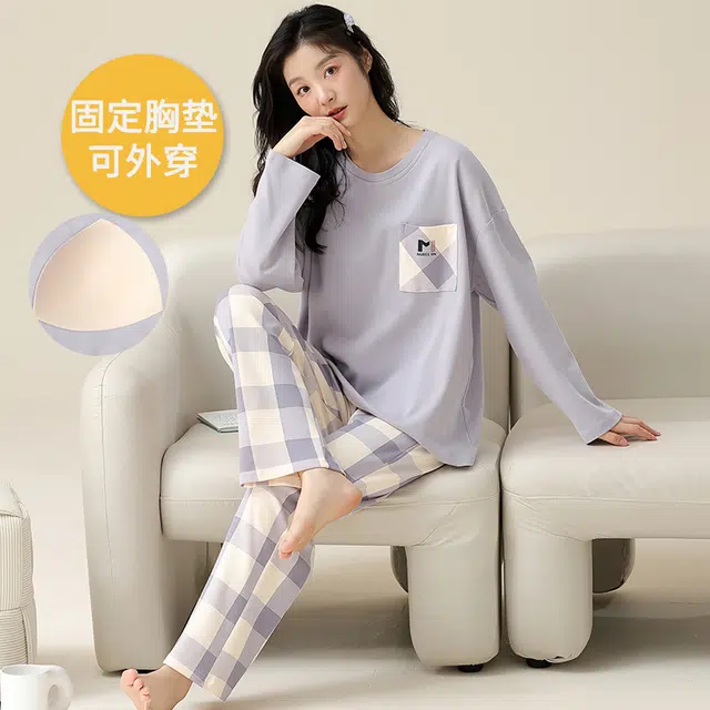 帕兰朵 纯棉春秋款长袖长裤圆领可爱卡通休闲宽松可外穿家居服女士睡衣套装 女款