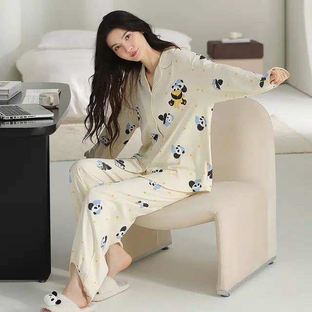 帕兰朵 春秋款长袖束脚卡通可爱开衫宽松少女生秋冬家居服纯棉女士睡衣套装 女款
