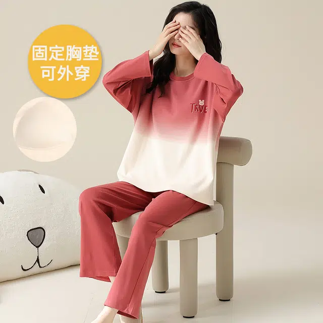 帕兰朵 女春秋款带胸垫一体防走光女士甜美卡通秋冬可外穿家居服睡衣套装 女款