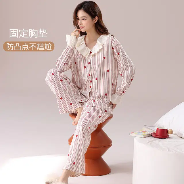 帕兰朵 带胸垫春秋季纯棉加厚公主风爱心条纹甜美家居服女长袖睡衣套装 女款