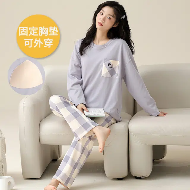 帕兰朵 纯棉春秋款长袖长裤圆领可爱卡通休闲宽松可外穿家居服女士睡衣套装 女款