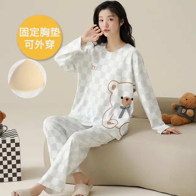 帕兰朵 带胸垫女春秋季圆领长袖纯棉女士可外穿家居服柔软舒适睡衣套装 女款