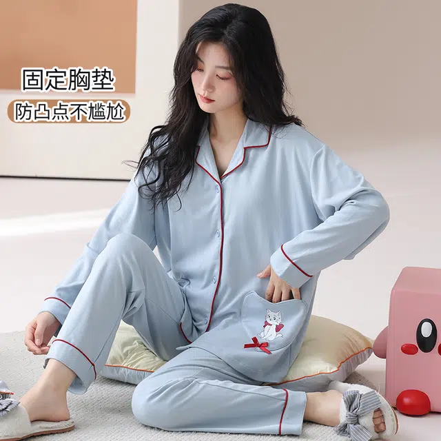 帕兰朵 纯棉春秋季长袖秋冬带胸垫可爱卡通大码舒适柔软家居服睡衣套装 女款