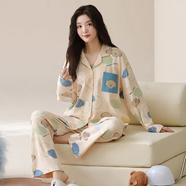 帕兰朵 纯棉春秋长袖长裤休闲开衫简约甜美家居服薄款可外穿女士睡衣套装 女款