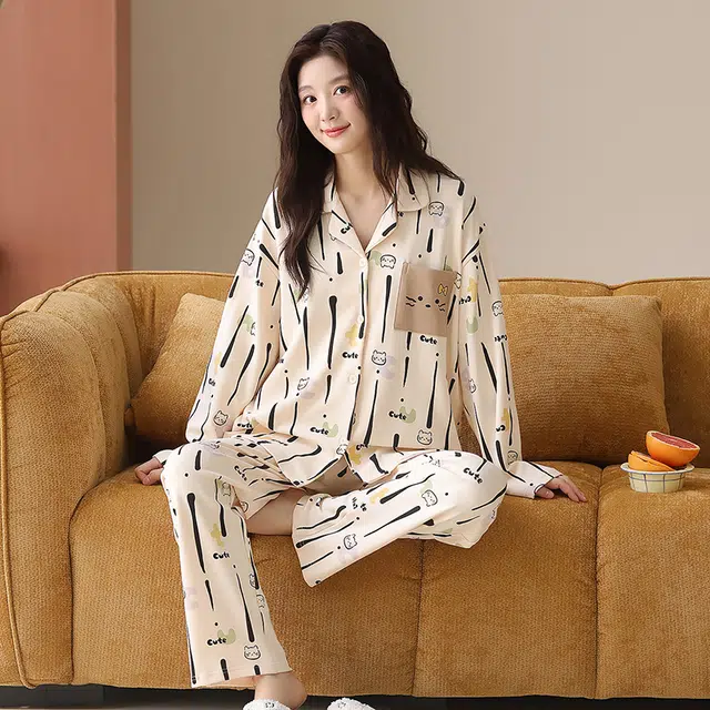 帕兰朵 春秋长袖长裤休闲开衫简约甜美家居服薄款可外穿纯棉女士睡衣套装 女款