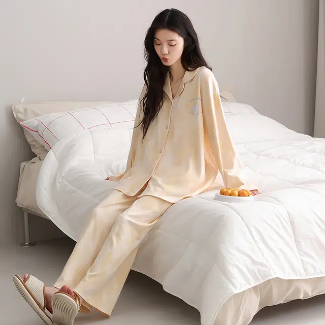 帕兰朵 春秋季纯棉长袖长裤可爱卡通小熊大码宽松家居服外穿睡衣套装 女款