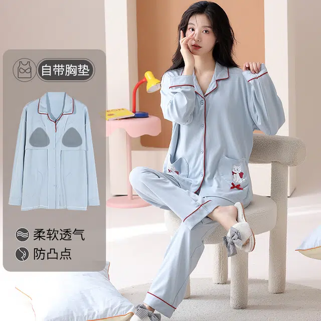 帕兰朵 纯棉春秋季长袖秋冬带胸垫可爱卡通大码舒适柔软家居服睡衣套装 女款