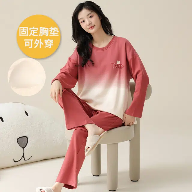 帕兰朵 女春秋款带胸垫一体防走光女士甜美卡通秋冬可外穿家居服睡衣套装 女款