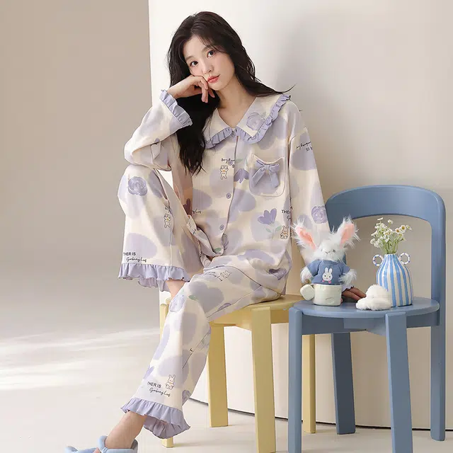 帕兰朵 春秋冬季高级感长袖外穿加大码家居服纯棉女士舒适柔软睡衣套装 女款