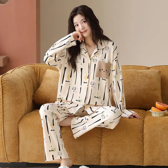 帕兰朵 春秋长袖长裤休闲开衫简约甜美家居服薄款可外穿纯棉女士睡衣套装 女款