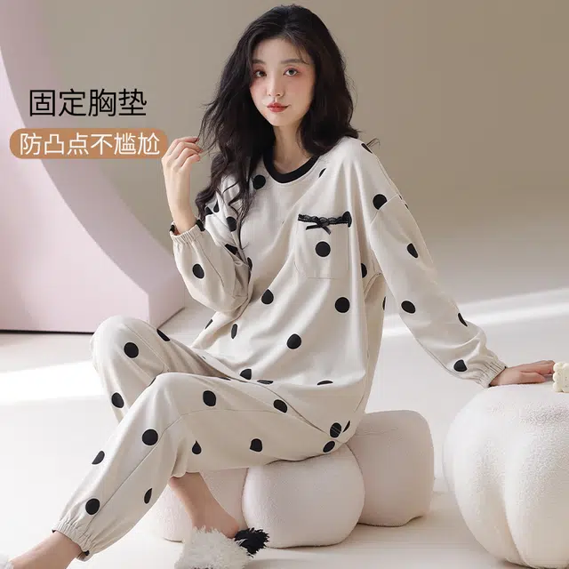 帕兰朵 春秋季纯棉长袖长裤圆领女士宽松全棉家居服舒适透气睡衣套装 女款