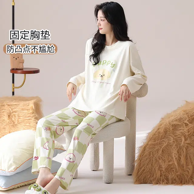 帕兰朵 春秋季纯棉长袖长裤学生家居服可外穿可爱韩版舒适女 睡衣套装 女款