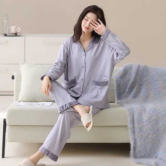 帕兰朵 女士薄款春秋季纯棉长袖休闲翻领开衫宽松全棉简约家居服睡衣套装 女款