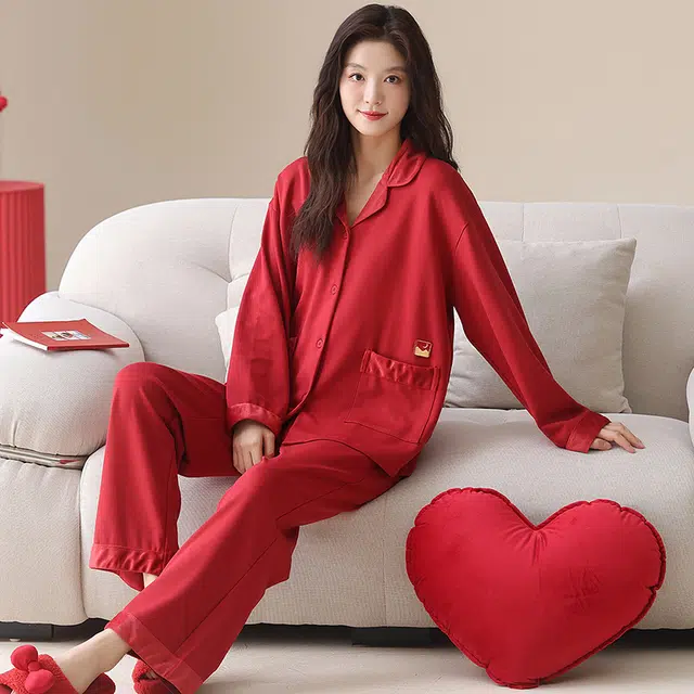 帕兰朵 春秋季纯棉长袖开衫大红色本命年结婚大码家居服可外穿女士睡衣套装 女款
