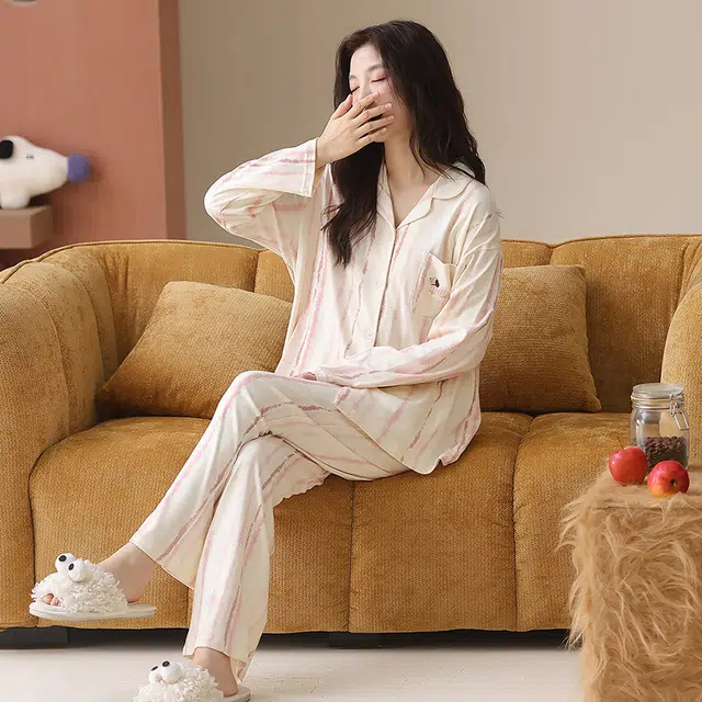 帕兰朵 纯棉女士春秋长袖长裤休闲开衫简约甜美家居服薄款可外穿舒适睡衣套装 女款