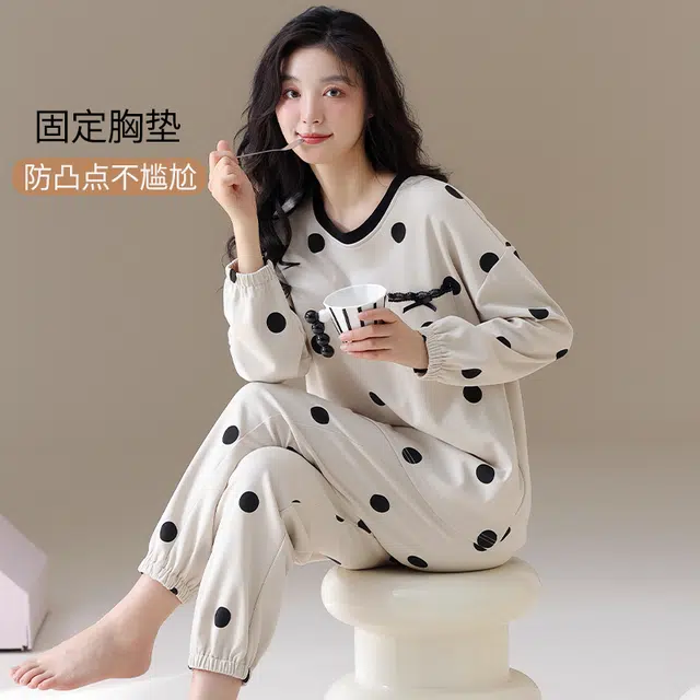 帕兰朵 春秋季纯棉长袖长裤圆领女士宽松全棉家居服舒适透气睡衣套装 女款