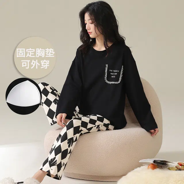 帕兰朵 春秋款带胸垫一体防走光女士甜美卡通秋冬可外穿家居服女睡衣套装 女款